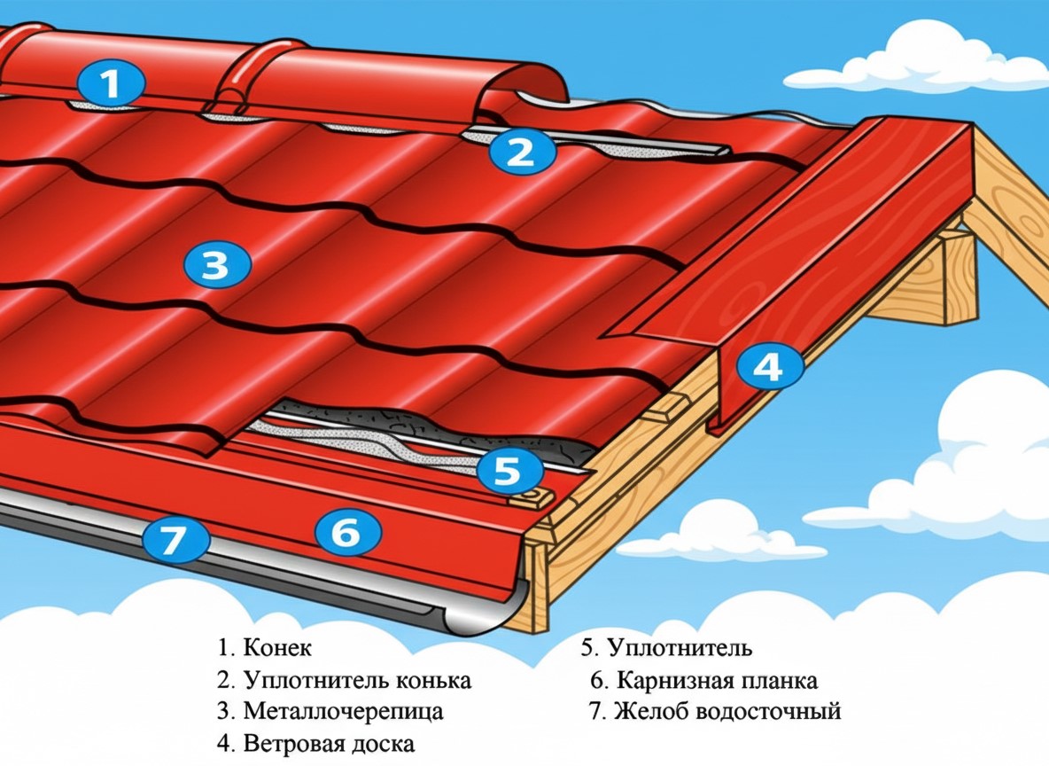 Схема элементов при монтаже металлочерепицы под ключ