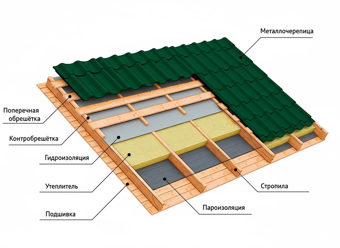 кровельный пирог - монтаж металлической черепицы в Чехове